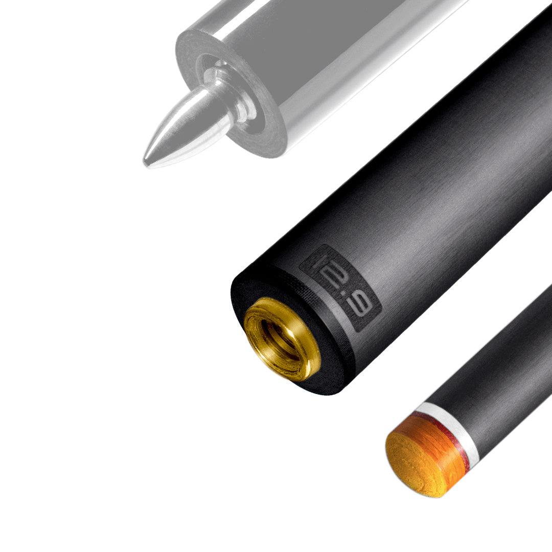 The image shows a pool cue shaft. There are three sections of the cue shaft displayed, each with a different view. The top part shows the threaded end of the shaft, which is designed to be attached to the cue butt. The middle part of the image shows the shaft in full, featuring a sleek black design with the logo &quot;REVO&quot; near the base. The bottom part shows the tip of the shaft, which is colored yellow, indicating the area of impact with the cue ball. The background is white, highlighting the product.