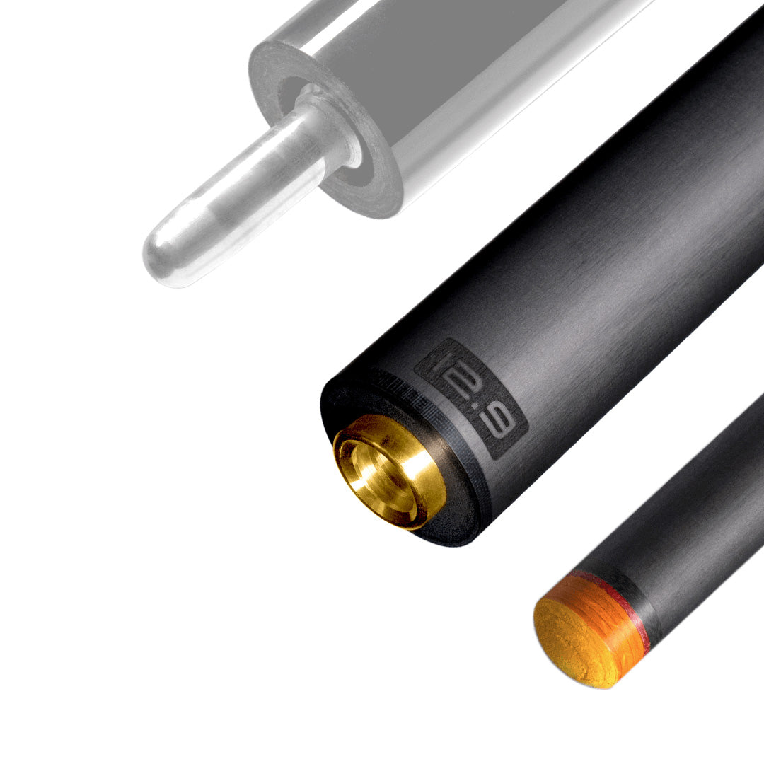 The image shows a pool cue shaft. There are three sections of the cue shaft displayed, each with a different view. The top part shows the threaded end of the shaft, which is designed to be attached to the cue butt. The middle part of the image shows the shaft in full, featuring a sleek black design with the logo "REVO" near the base. The bottom part shows the tip of the shaft, which is colored yellow, indicating the area of impact with the cue ball. The background is white, highlighting the product.