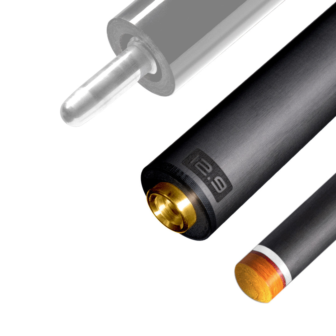 The image shows a pool cue shaft. There are three sections of the cue shaft displayed, each with a different view. The top part shows the threaded end of the shaft, which is designed to be attached to the cue butt. The middle part of the image shows the shaft in full, featuring a sleek black design with the logo "REVO" near the base. The bottom part shows the tip of the shaft, which is colored yellow, indicating the area of impact with the cue ball. The background is white, highlighting the product.