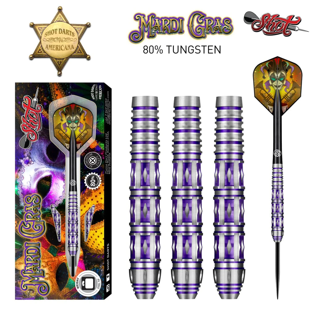 AMERICANA MARDI GRAS STEEL TIP DART SET-80% TUNGSTEN BARRELS